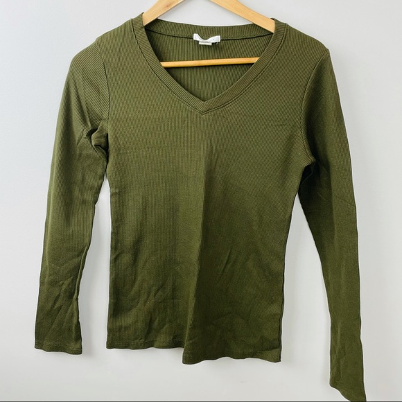 NWOT Ribbed waffle long sleeve army green shirt - Picture 1 of 4